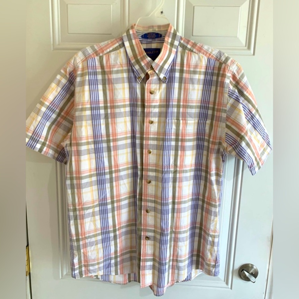 Pendleton Shirt Men M Light Plaid Short Sleeve Button Down Broadway Cloth Cotton